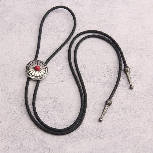 Image of GelConnie Bolo Tie for Men Women Western Cowboy Turquoise Leather Necktie | Natural Stone Bolo Tie Necklace for Women Rodeo Cowboy Leather Necktie Native American Western Cowgirl Ties Adjustable Cord