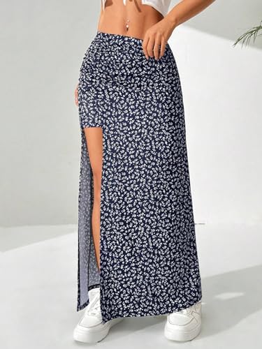 EARKOHA 2025 Skirts for Women Women's Ditsy Floral Full-Print Slit Skirt, Casual Holiday Wear Navy Blue S3