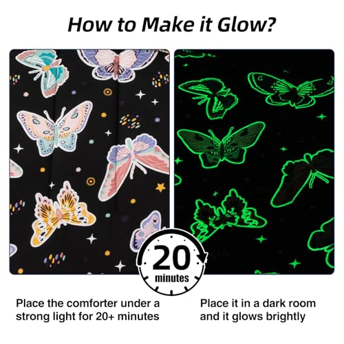 Image of Meeting Story Glow in the Dark Girl Butterfly Full Bedding Sets Zipper Bedding, 3 Pcs Zip Up Comforter Bed in a Bag with Fitted Sheet and 2 Pcs Pillowcases(Blackpurple,Full)