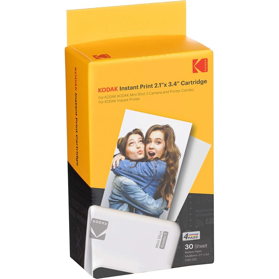Image of 30 Pack Kodak 4PASS Real Photo (2.1 inchx3.4 inch) & Laminate Process Cartridge, All-in-One Paper and Color Ribbon Refill-Compatible with Kodak Mini 2, Mini 2 Plus, Mini 2 Retro, Mini Shot, Mini Shot 2 Retro