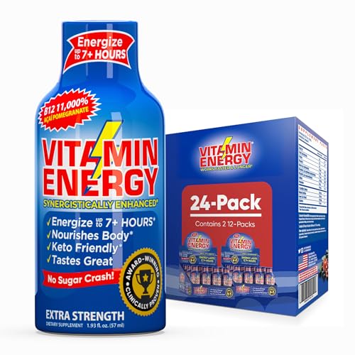 Vitamin Energy B12 11,000% Extra Strength Energy Shot Açaà Pomegranate 24 Pack, 260mg Natural Caffeine, B12 & B6, Nootropic Focus, Vitality, Zero Sugar, Gluten-Free, Vegan, Kosher, 1.93 fl oz