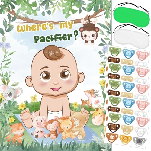 Pin The Pacifier on The Baby Game Safari Jungle Baby Shower Decorations with Large Poster Blindfold 45 Pacifier Stickers Sage Green Animals Games Forest Theme Birthday Party Decorations Supplies