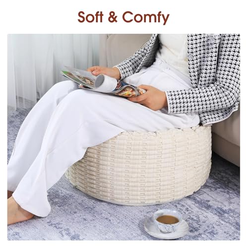 HOMBYS Unstuffed Ottoman Pouf Cover,Round Faux Fur Foot Stool, Fuzzy Chair, Floor Bean Bag(No Filler),Foot Rest with Storage for Living Room, Bedroom, Office, Striped Tufted (Beige) - Thumbnail 5
