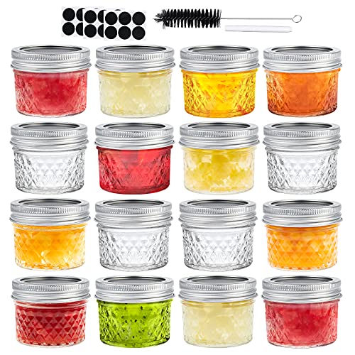 Glass Octopus Mason Jars 4 oz[16 Pack], Quilted Crystal Glass Jars with Regular Lids, Small Canning Jars with Silver Metal Airtight Lids for Jam, Honey, Wedding Favors, Canning