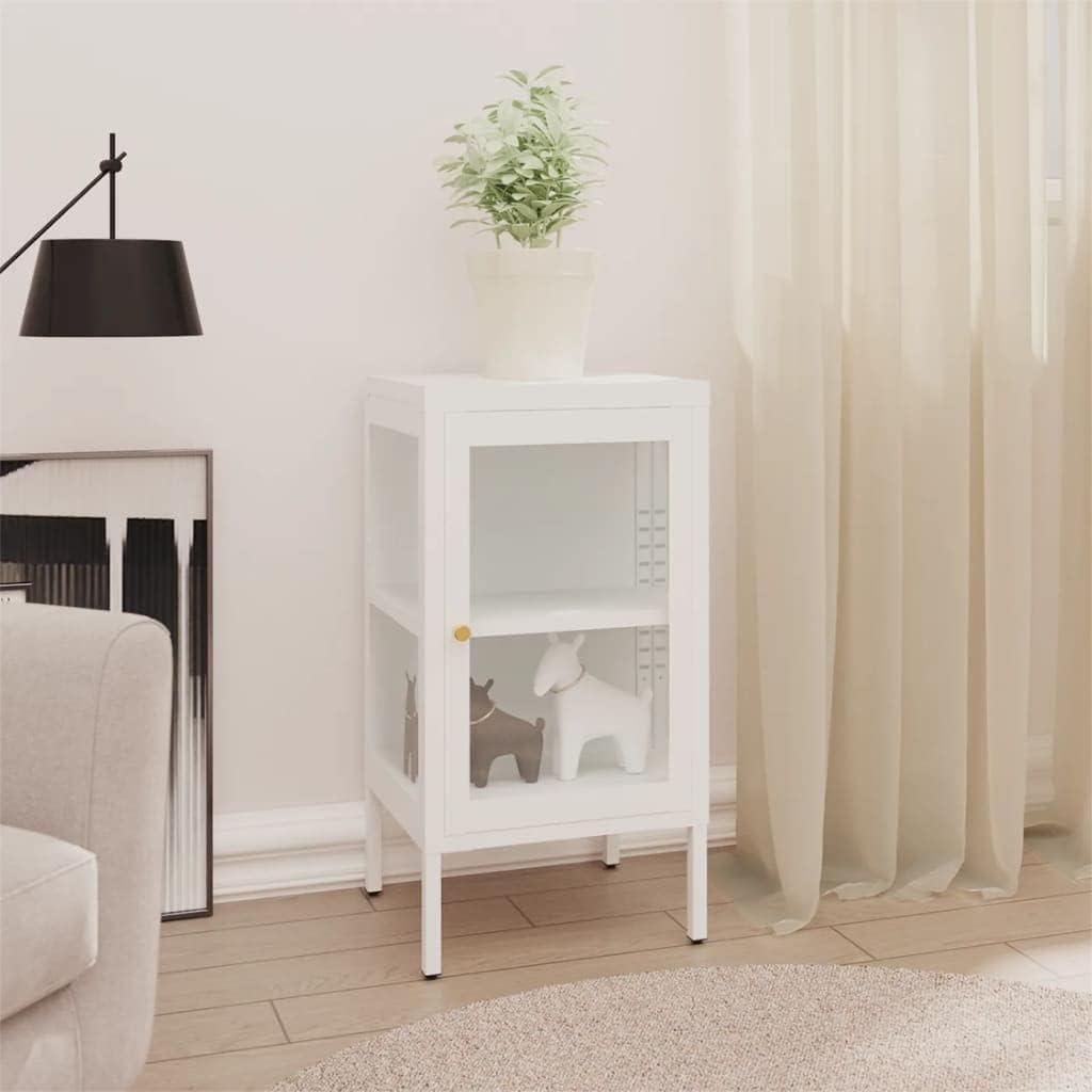 Minimalist Sideboard with Adjustable Shelves, White Powder-Coated Steel and Tempered Glass for Modern Living Room Office Storage