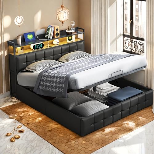 PerGar Bett 140x200 cm, Polsterbett Doppelbett mit LED und USB, Kopfteil mit Stauraum, Boxspringbett Jugendbett Hydraulisches Bett mit Bettkasten und Lattenrost, PU, Schwarz, Ohne Matratze