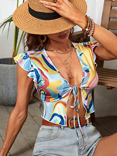 Mulheres Plissado Nó Na Gola Estampa Em Toda A Parte Boho Top (Size : M)