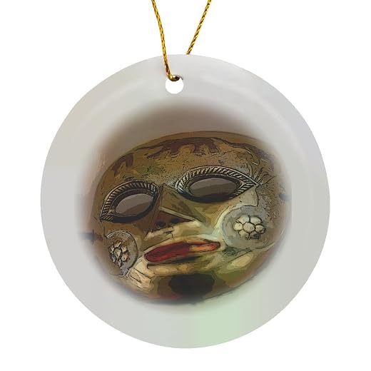 Circle Porcelain Ornament - A Metal Masquerade Face Mask Hanging on a Wall Shot from Below and Posturized with Red Ribbon Realistic