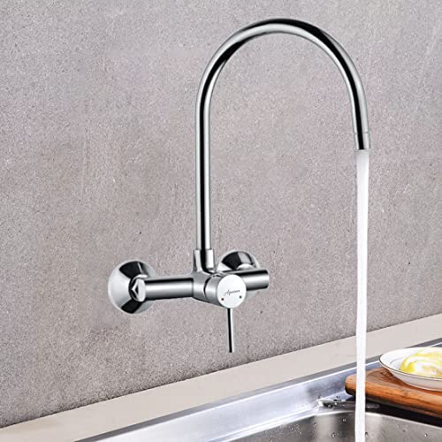 Image of Aquieen Wall Mounted Single Lever Sink Mixer with provision for hot & cold water with 360 degree hi-neck spout, connecting legs & wall flanges (Flora - Chrome)