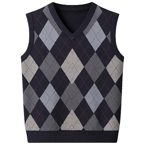 JEShifangjiusu Men's V-Neck Pullover Vest Sweater Wool Blend Rhombus Sleeveless Singlet Ribbed Hem Slim Fit Tank Top