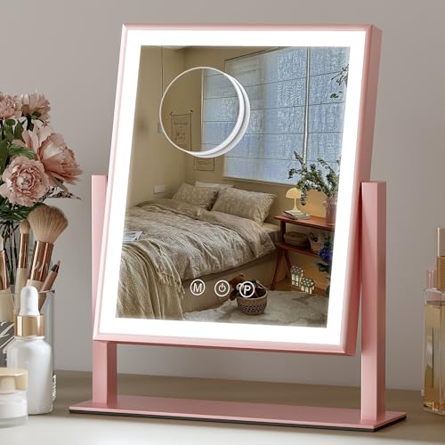 LED Lighted Vanity Mirror 11.81x13.38 - Sensitive Smart Touch 3 Dimmable Modes 360 Smooth Rotation Desk Makeup Mirror Pink