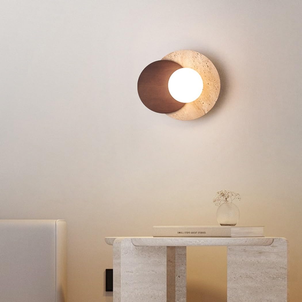 Gelbem Travertin Wandlampe Kreative Wabi-Sabi Wandleuchte Vintage Holz Lampe Innen Wandbeleuchtung Für Schlafzimmer Wohnzimmer Esszimmer Eingang Korridor Cafe Flur Nachttischlampe(Braun)