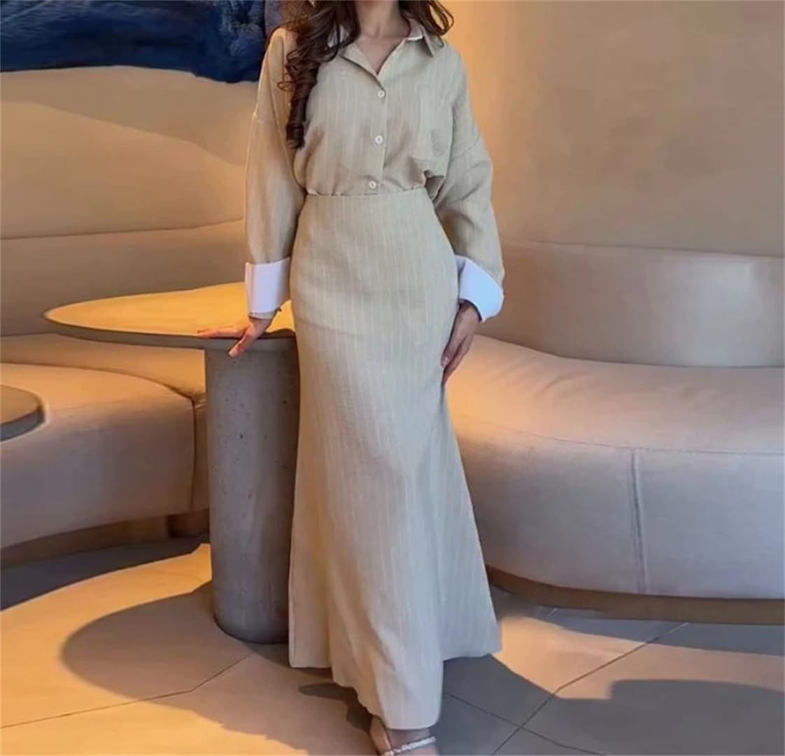 Women's Two Piece Set Single Breasted Long Sleeve Shirt Hip Wrapping Striped Skirt Office Outfit for Work Wear