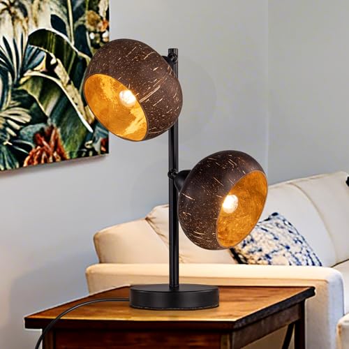 TOCHIC Vintage Table Lamp, 2 Lights Farmhouse Bedside Lamp with Natural Coconut Shell Lampshade for...