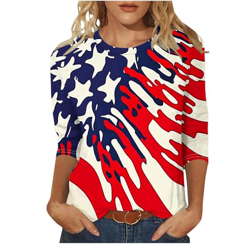 Image of Fourth of July Shirts for Women 3 /4 Sleeve Summer Tops American Flag Print T Shirt Patriotic 4th of July Shirts 2025