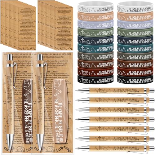 Sinload 20 Sets Easter Christian Jesus Gifts Resurrection Story Gift Church Bamboo Pens Religious Silicone Bracelets Bookmarks He Came Died Arose Ascended Coming Back Party Favors
