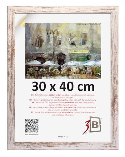 3-B Cadre de l'image HIT - Blanc rustique (blanc vieilli optiquement avec grain de bois visible) - 30x40 cm - cadre photo en bois avec verre acrylique