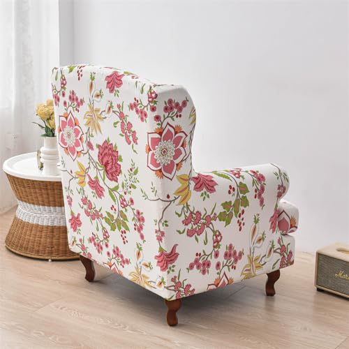 Fundas de sillón orejero pack de 2 en elastano lavable con estampado de rama de flor roja 5