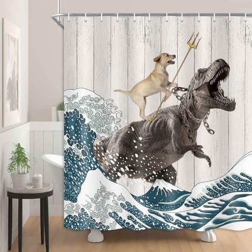 Image of Boziqr Funny Dog Shower Curtain, Japanese Ocean Wave Dinosaur Rustic Barn Door Decor Fabric Bathroom Curtains Set, Cute Animal Kids Polyester Fabric Waterproof, 70 X 84 Inches