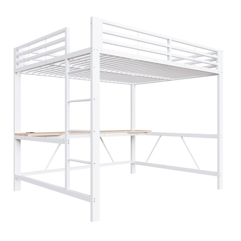 Letto a soppalco 160x200 con striscia led,USB,letto a castello bambini con scrivania Salvaspazio,rete letto in metallo da gioco con sponda,Senza materasso,atto a camere da letto,ecc(Bianco)