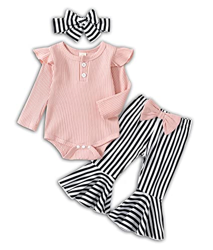 Image of ADXSUN Newborn Baby Girl Clothes Ribbed Ruffled Romper+Striped/Cow/Leopard Flared Pants Infant Outifts 0-18 Months
