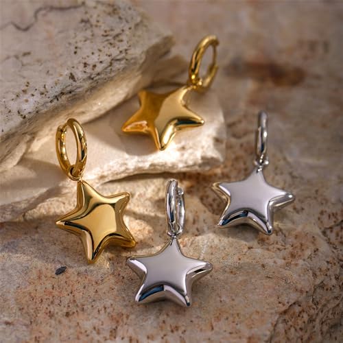 Dainty 3D Star Dangle Drop Small Hoop Earrings for Women Cute Stainless Steel Gold Silver Plated Stars Dangling Huggie Hoops Lightweight Hypoallergenic Fashion Trendy Jewelry Birthday Gift Her3