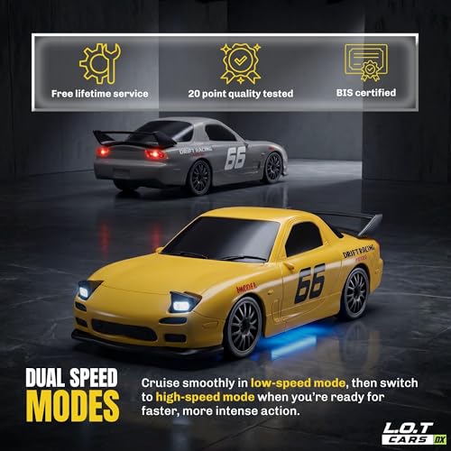 Image of Vortex RC Drift Car, 20 Km /h High Speed Remote Control Car, 2.4GHz 4WD with Pop-Up LED Headlights, Multi LED Lights, Long Range Control (Overdrive, Yellow)