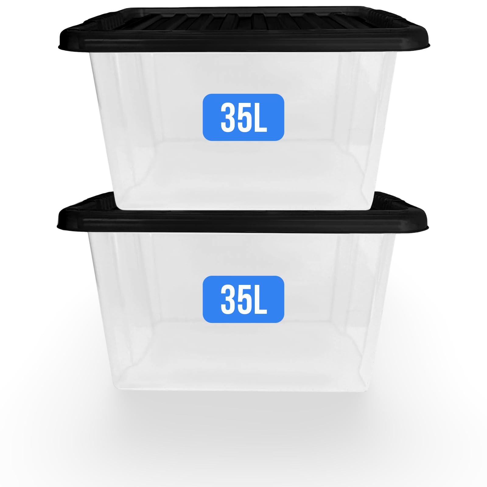 Kapco Transparent With Black Lids 35L Storage Box With Lid, Transparent Plastic Tubs Set Of 2 | Strong, Stackable Containers With Black Lids | Multipurpose Plastic Storage Boxes For Office, Loft, Pantry | Bpa-Free, Durable