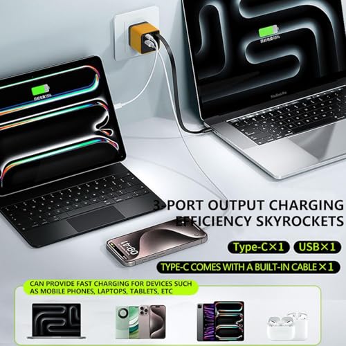 Caricabatterie Retrattile 3 in 1 80w Max Veloce, Caricabatterie per Tablet e Adattatore di Alimentazione Retrattile con Cavo di Tipo C e 2 Porte USB, 2 Pezzi, Bianco