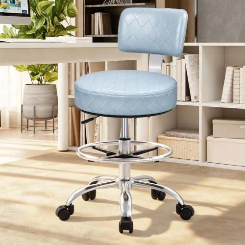 Image of Office Drafting Chair with Footrest, Tall Height Adjustable Stool with Back Support, Heavy Duty Rolling Stool Chair with Wheels for Office Home Kitchen Bar Shop Guitar Studio Vanity, Dusty Blue