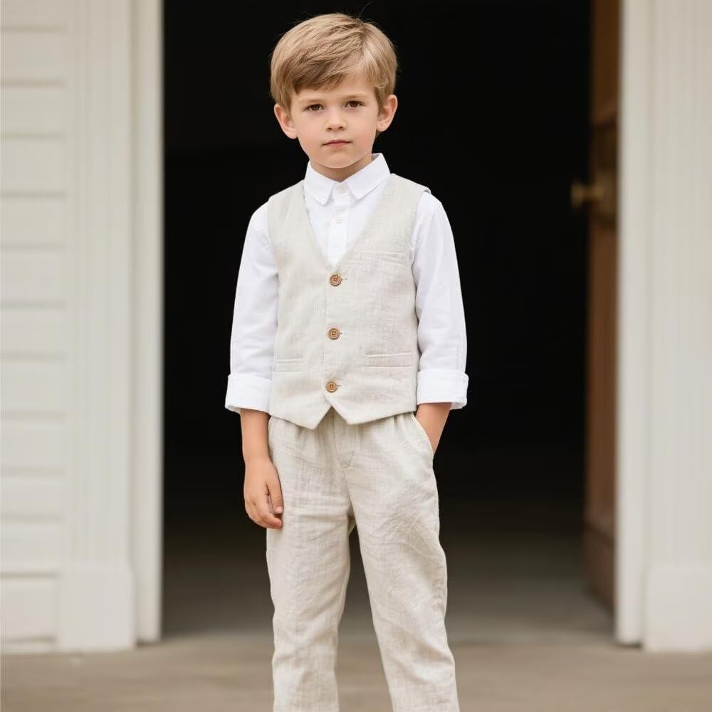 Ivory Boy Suits Size 6 Kids Tuxedo Suit for Boy 3 Piece Boys Linen Suit Set for Beach Wedding