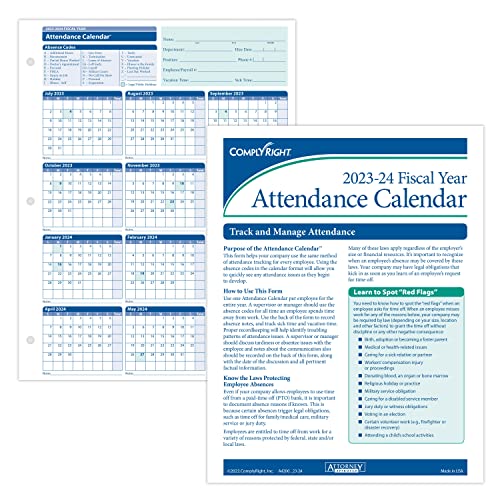 Complyright 2023-2024 Fiscal Attendance Calendar, 8 1/2" X 11", Pack Of 50 #TOP5