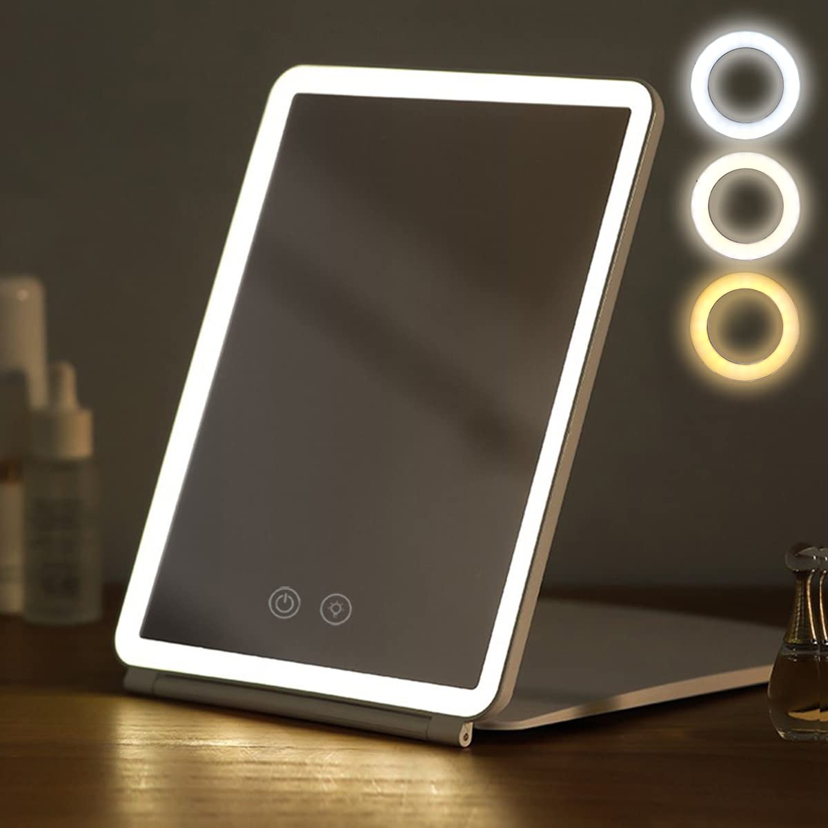 Alongen Folding Travel Touch Screen Mirror - Lighted Makeup Mirror with 80 LEDs, 3 Color Modes, USB Rechargeable