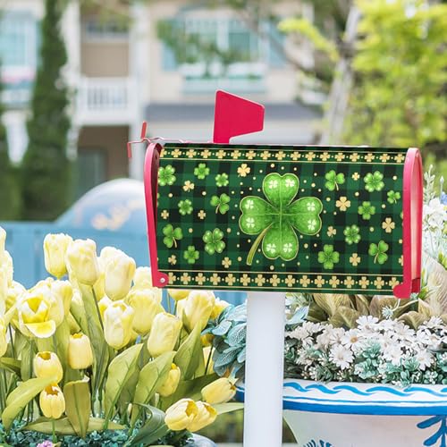 Image of Happy St. Patrick's Day Mailbox Covers Magnetic Plaid Shamrock Green Leaf Mailbox Cover Standard Size 18 X 21 Inch Spring Clovers Holiday Wrap Post Letter Box Decorative for Outdoor Home Garden Yard