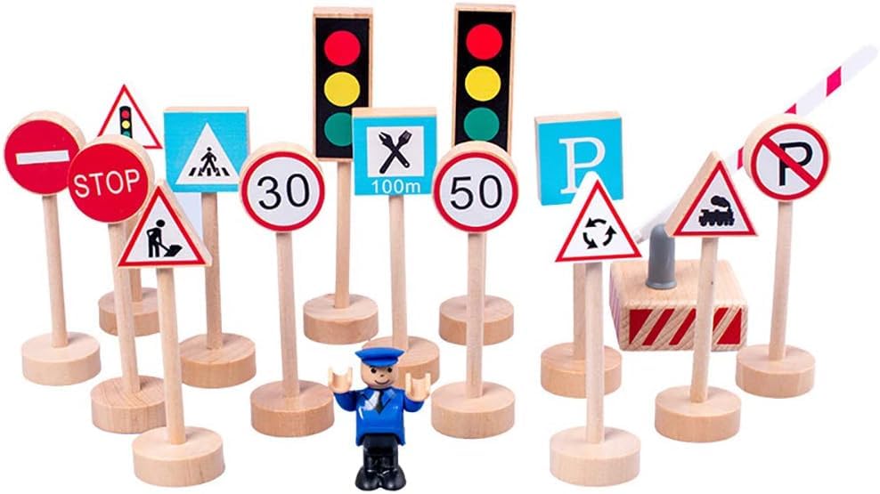 Easnea 15pcs Wooden Traffic Sign Wooden Road Signs Accessory Set Traffic Signs Parking Children Educational Toy Set for Kids Birthday Gift