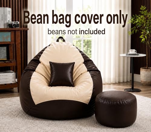 Image of Mansu-Premium Leatherette 4XL Bean Bag Cover with Footrest & Cushion (Without Beans) Cream Brown