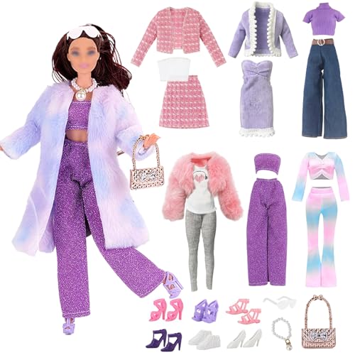 24 Pcs Doll Clothes for 11.5 Inch Dolls Compatible with Barbie 6 Outfits Plush Coat Set Elegant Set Casual Wear Fashionset Retro Denimset Sportswear 6 Shoes 3 Accessories for Girls Gift