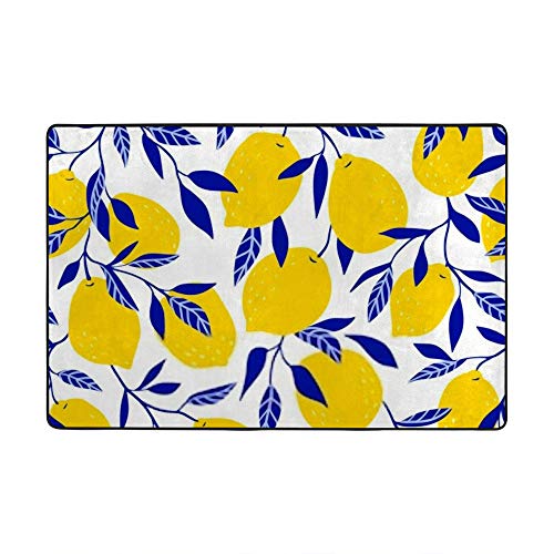 Tapis de chambre microfibre grand format jaune citron feuilles bleues