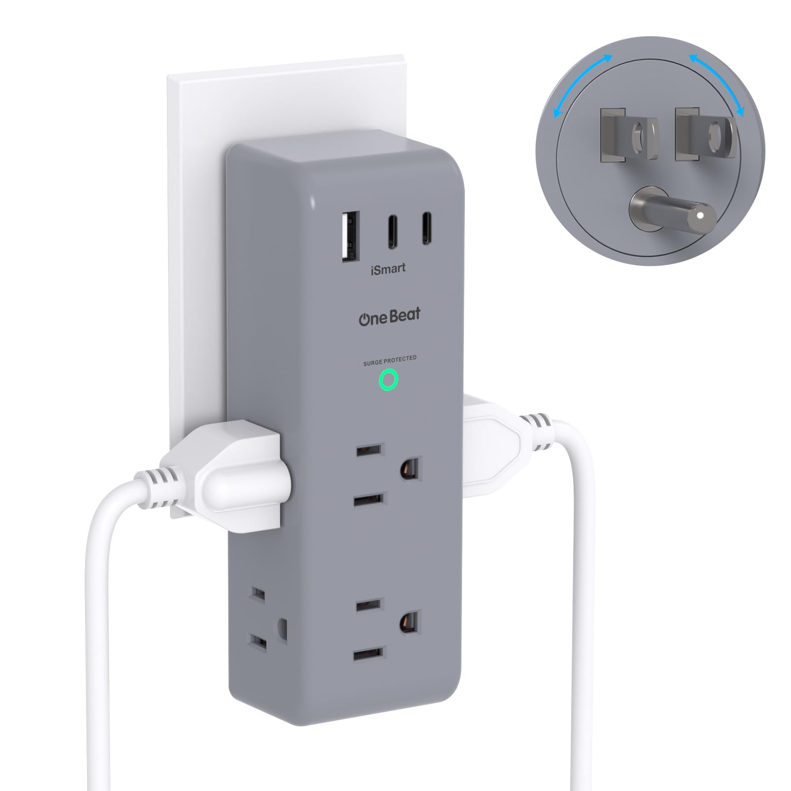 Surge Protector Outlet Extender with Rotating Plug, 6 AC Multi Plug Outlet with 3 USB Ports (2 USB C), 1800 Joules, 3-Sided Swivel Power Strip with Spaced Outlet Splitter for Home, Office, Dorm, Grey