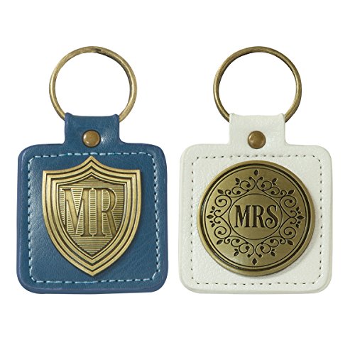 Image of Blue /White Faux Leather Scripture Keychain Set for Bride and Groom | Mr. /Mrs. Greatest of These is Love 1 Corinthians 13:13 Bible Verse | Set /2 His and Hers Keychains w /Metal Emblems