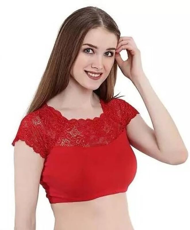 Short Sleeve Round Neck Readymade Lace Net Blouse for Women & Girls Red-image-31