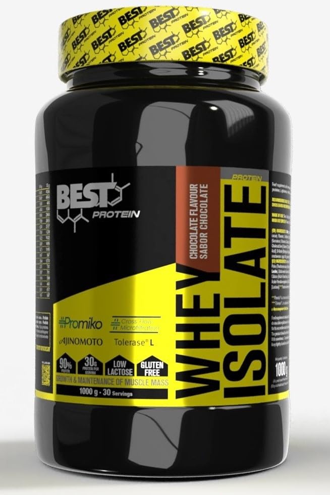 BEST PROTEIN Izolat serwatki WHEY ISOLATE 100% PROMIKO CFM® | Wskaźnik białka 90% | Z glutaminą AJINOMOTO® i enzymami trawiennymi TOLERASE® (1000 gramów, Czekolada)