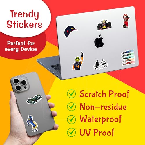 Image of CodersParadise - Pack of 120 F1 Formula One Racing Vinyl Stickers for Laptop, Journal, Diary, Guitar, Mobile Case - Waterproof Residue Free Multicolor Stickers - 3 Inches for Metal, Glass