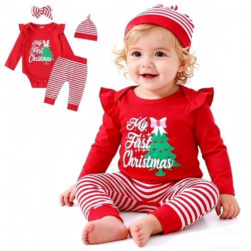 FUTERLY My First Christmas Outfit Árbol Ropa Navidad Bebe Traje Navidad Bebe Disfraz Navidads Bebes Mi Primera Navidads Body + Pantalones + Gorro + Diadema Conjunto Navideña Bebes 6-12 Meses