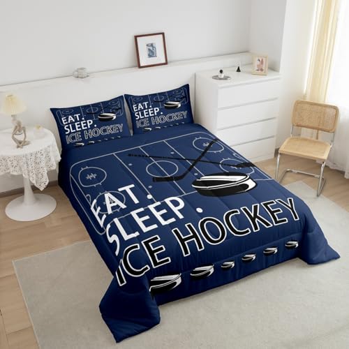 Image of Feelyou Ice Hockey Comforter Set Navy Blue Bedding King for Kids Teens
