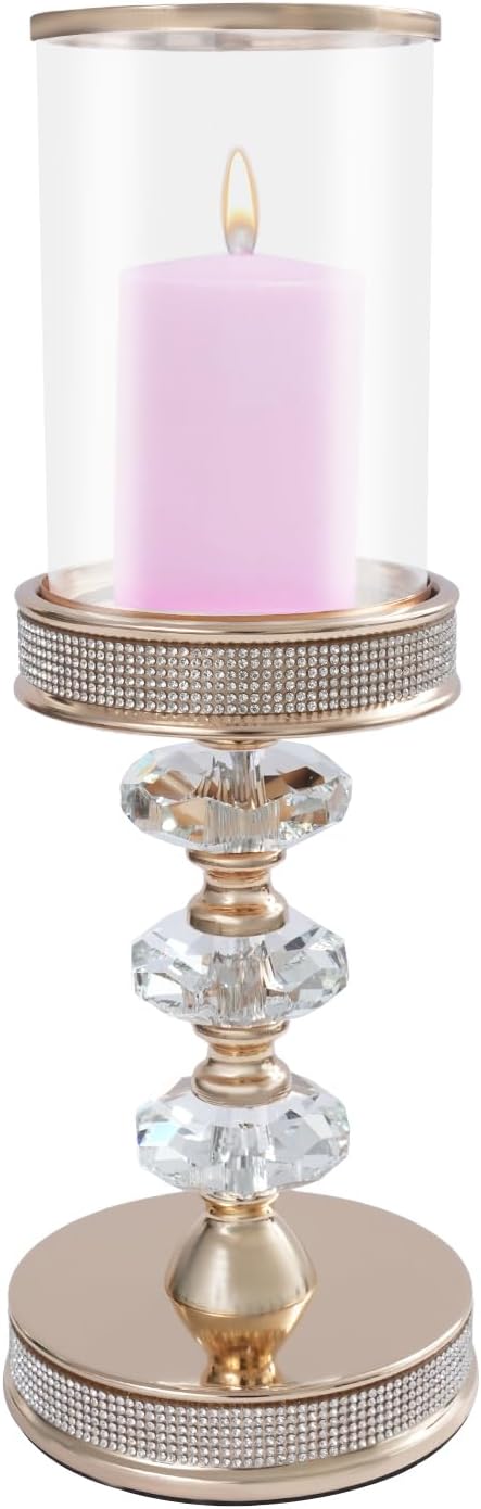 Pillar Candle Holders, White Crystal Candlesticks Holder for Wedding, Metal Candle Holder with Glass, Candles Stand Decoration for Wedding, Parties, Events,Home Decor, Table Centerpieces (Gold, L)