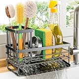 Cisily Sink Caddy Sponge Holder for Kitchen with Brush Holder and Stainless Steel Self Drain Tray, Rustproof Kitchen Sink Organizer for Sponge, Soap Dispenser Storage Accessories (Black)