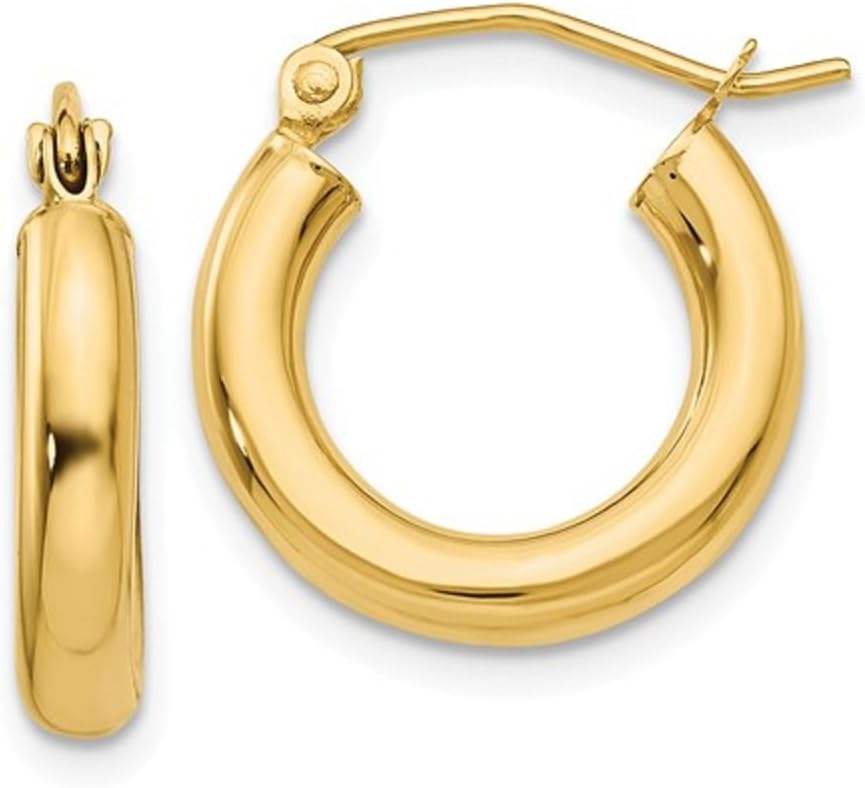 14K Yellow Gold Classic Real Hoop Earrings, (3mm Thick Tube)