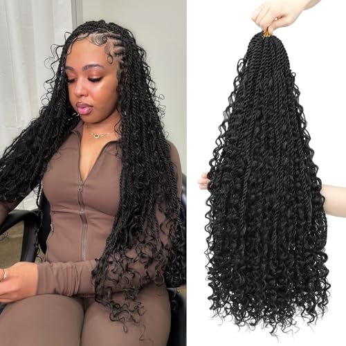 Auxemuen Senegalese Twist Crochet Hair 8Packs Boho Island Twist Crochet Hair with Curly Ends 24Inch Pre Looped Goddess Crochet Twists Hair Extensions for Black Women(1B)