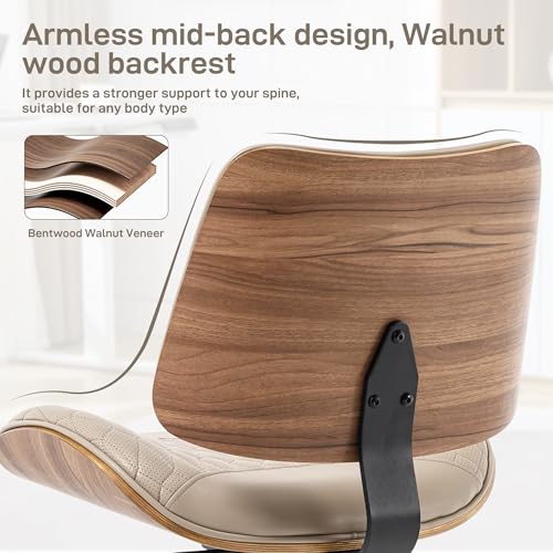 Image of Office Chair No Arms with Wheels, PU Leather Adjustable Height Small Desk Chair, Modern Mid Back Swivel Rolling Armless Computer Task Chair for Home Office, Meeting Room, Study, Khaki